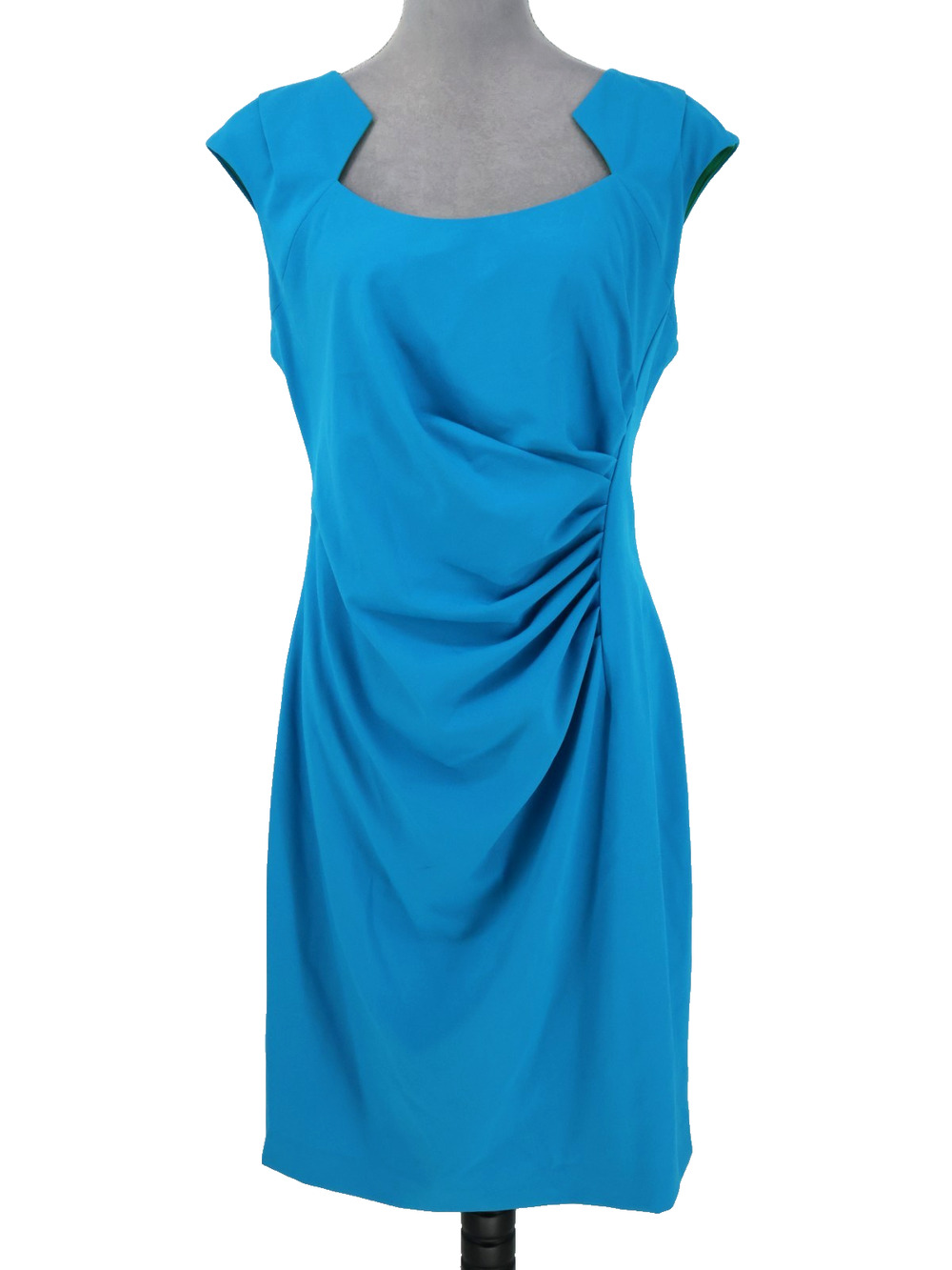 Calvin Klein Dress Womens 8 Blue Stretch Lined Ruched Back Zip Cap Sleeve Party